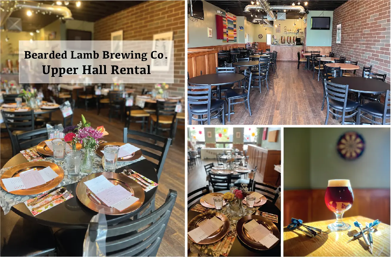 Collage of the Upper Hall: long tables set for an event, the open taproom with brick walls, a private dinner, and a glass of amber beer by the dartboard